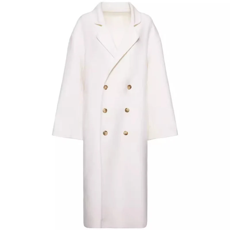 Damen Oversize Zweireihiger Longcoat mit fallender Schultersilhouette und goldenen Zierknöpfen Nord Taschen