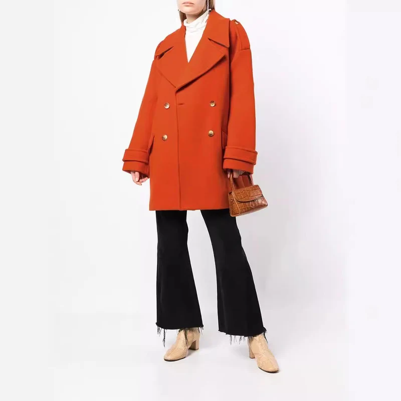 Damen Oversize Zweireihiger Kurzmantel aus Wollmix mit überbreiten Ärmeln und goldenen Zierknöpfen Nord Taschen