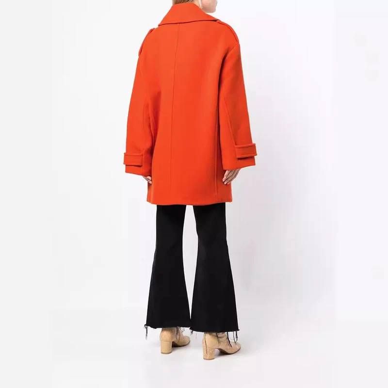 Damen Oversize Zweireihiger Kurzmantel aus Wollmix mit überbreiten Ärmeln und goldenen Zierknöpfen Nord Taschen