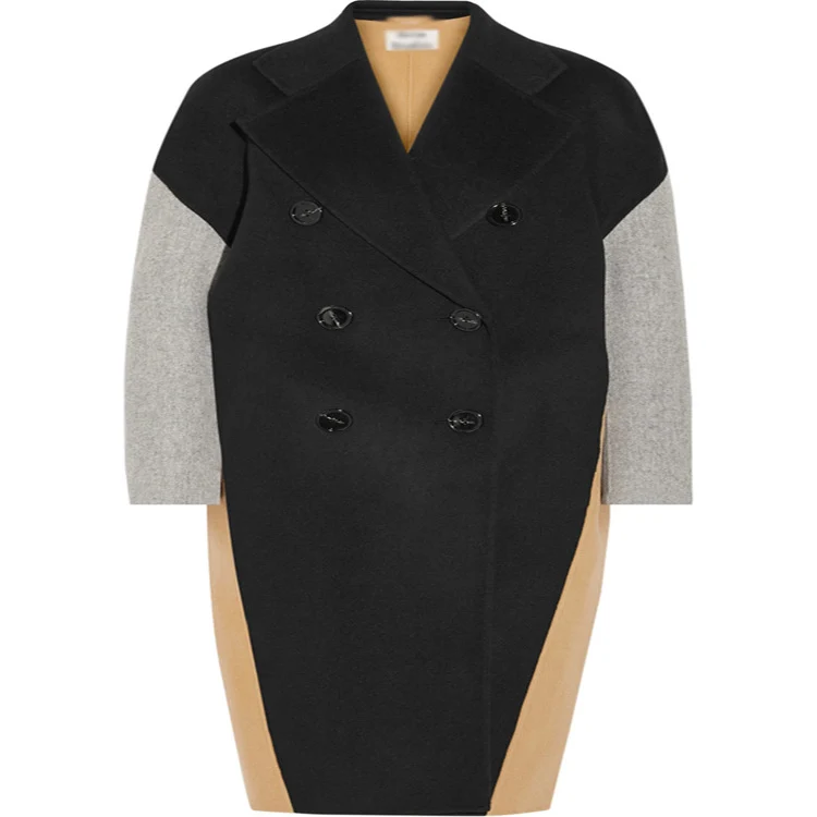 Damen Oversize Zweireihiger Farbblock-Wollmixmantel mit kontrastierenden Ärmeln Nord Taschen