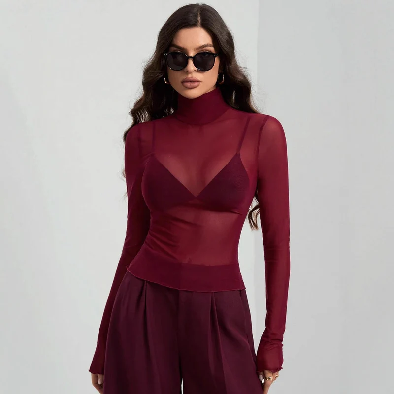 Damen Transparente Turtleneck-Bluse mit figurformendem Schnitt Arvani