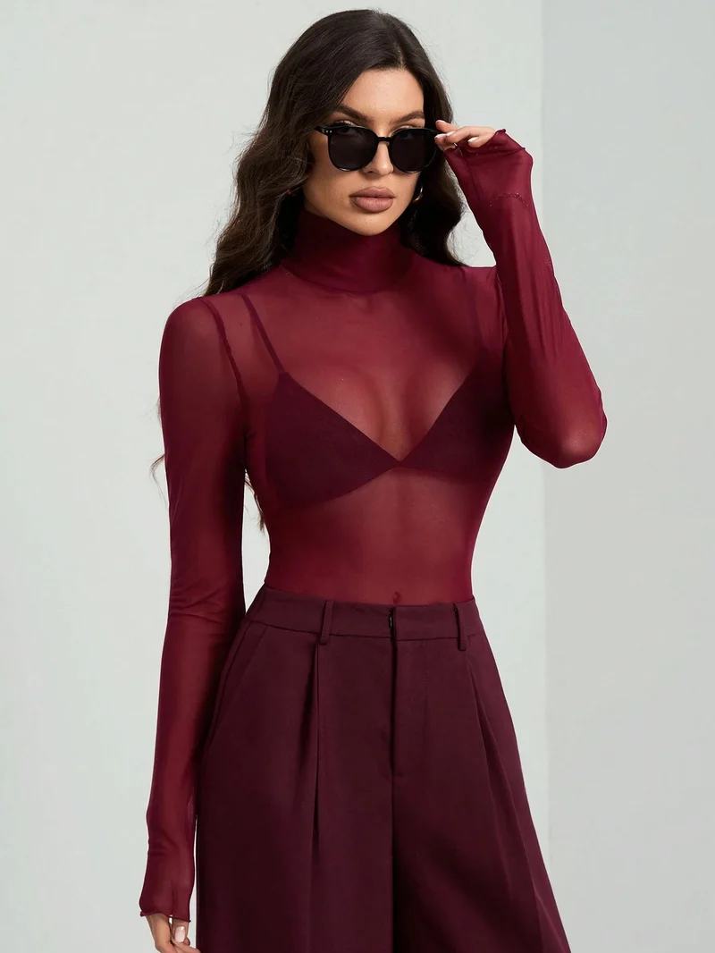 Damen Transparente Turtleneck-Bluse mit figurformendem Schnitt Arvani