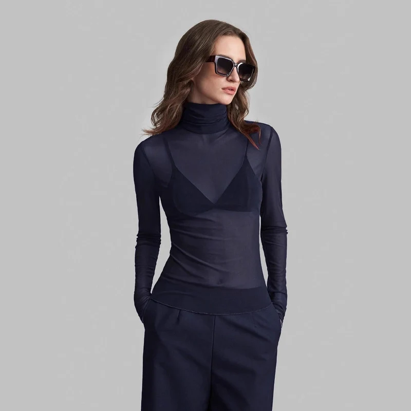 Damen Transparente Turtleneck-Bluse mit figurformendem Schnitt Arvani