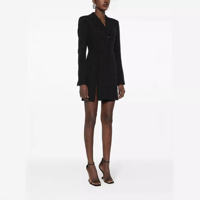 Damen Tailliertes Nadelstreifen-Blazerkleid mit Einreiher, Gehschlitz und schmaler Silhouette Nord Taschen