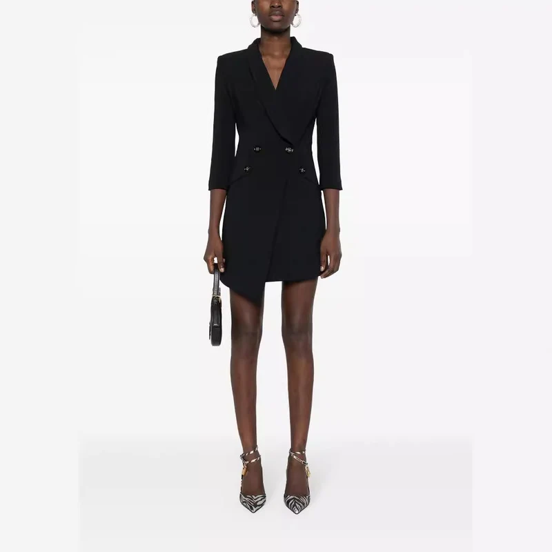 Damen Tailliertes Blazerkleid mit asymmetrischem Saum und 3/4-Ärmeln Nord Taschen
