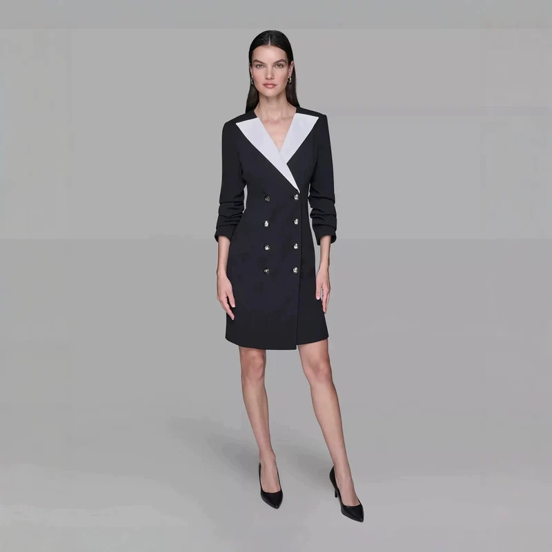 Damen Doppelreihiges Blazerkleid mit kontrastierendem Schalkragen Nord Taschen