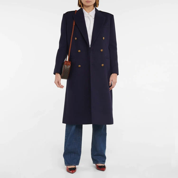 Damen Doppelreihiger Wollmix-Longcoat mit Epauletten und strukturierter Tailoring-Silhouette Nord Taschen