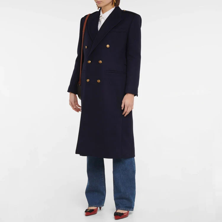 Damen Doppelreihiger Wollmix-Longcoat mit Epauletten und strukturierter Tailoring-Silhouette Nord Taschen