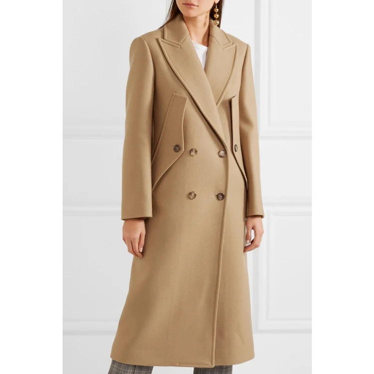 Damen Doppelreihiger Wollmantel mit taillierter Silhouette und markantem Reverskragen Nord Taschen