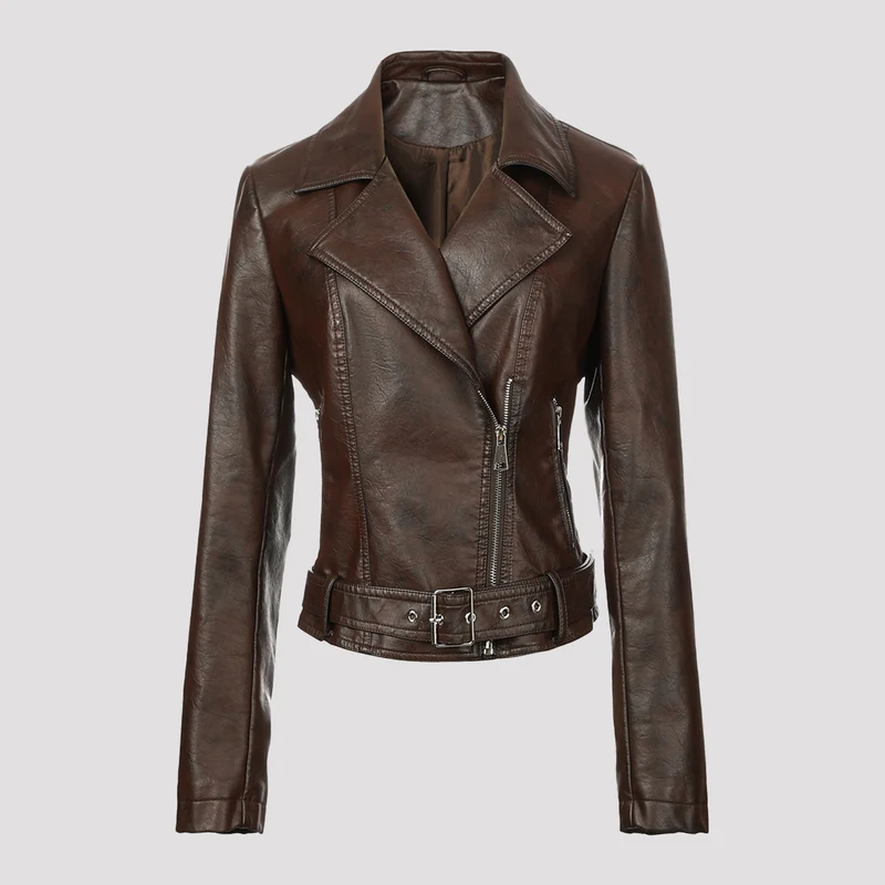Damen Kurz geschnittene taillierte Leder-Bikerjacke mit Taillengürtel und asymmetrischem Reißverschluss Nord Taschen