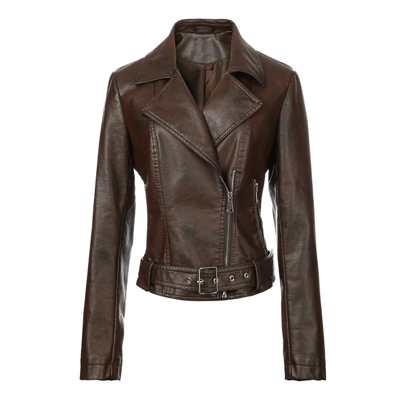 Damen Kurz geschnittene taillierte Leder-Bikerjacke mit Taillengürtel und asymmetrischem Reißverschluss Nord Taschen