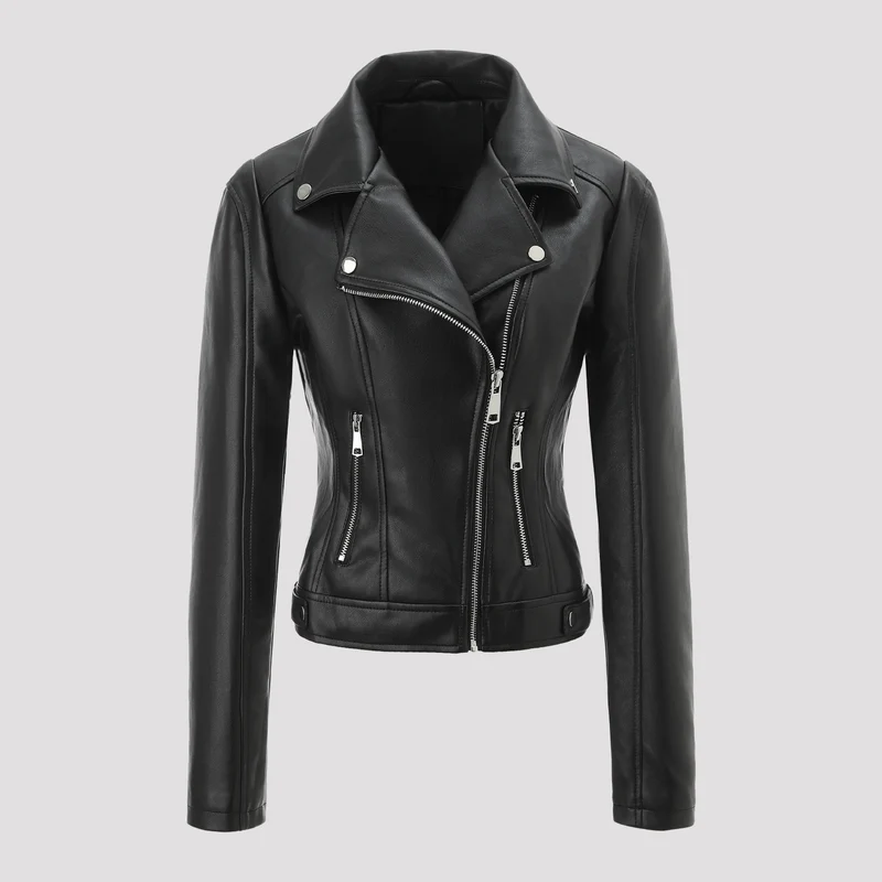 Damen Kurz geschnittene taillierte Bikerjacke aus Nappaleder mit asymmetrischem Reißverschluss Nord Taschen