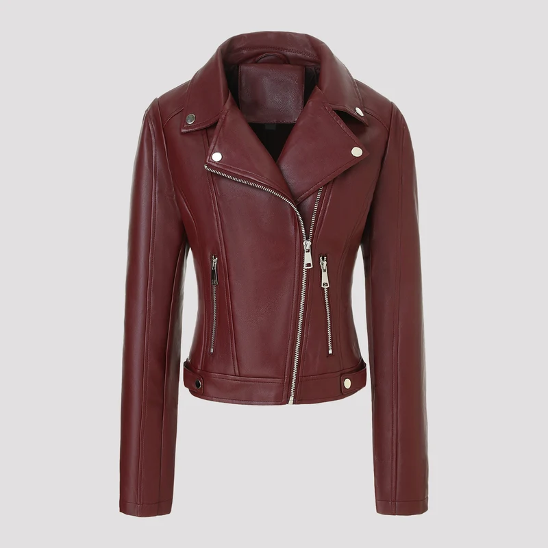 Damen Kurz geschnittene taillierte Bikerjacke aus Nappaleder mit asymmetrischem Reißverschluss Nord Taschen