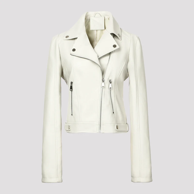 Damen Kurz geschnittene taillierte Bikerjacke aus Nappaleder mit asymmetrischem Reißverschluss Nord Taschen
