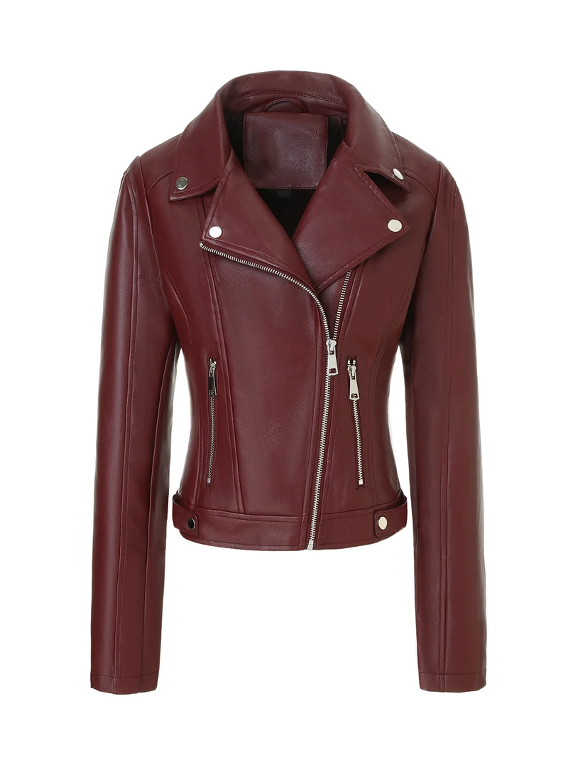 Damen Kurz geschnittene taillierte Bikerjacke aus Nappaleder mit asymmetrischem Reißverschluss Nord Taschen