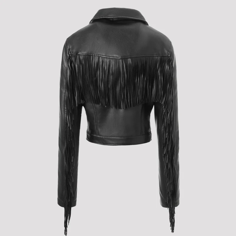 Damen Kurz geschnittene taillierte Bikerjacke aus Kunstleder mit Fransen an den Ärmeln und asymmetrischem Reißverschluss Nord Taschen