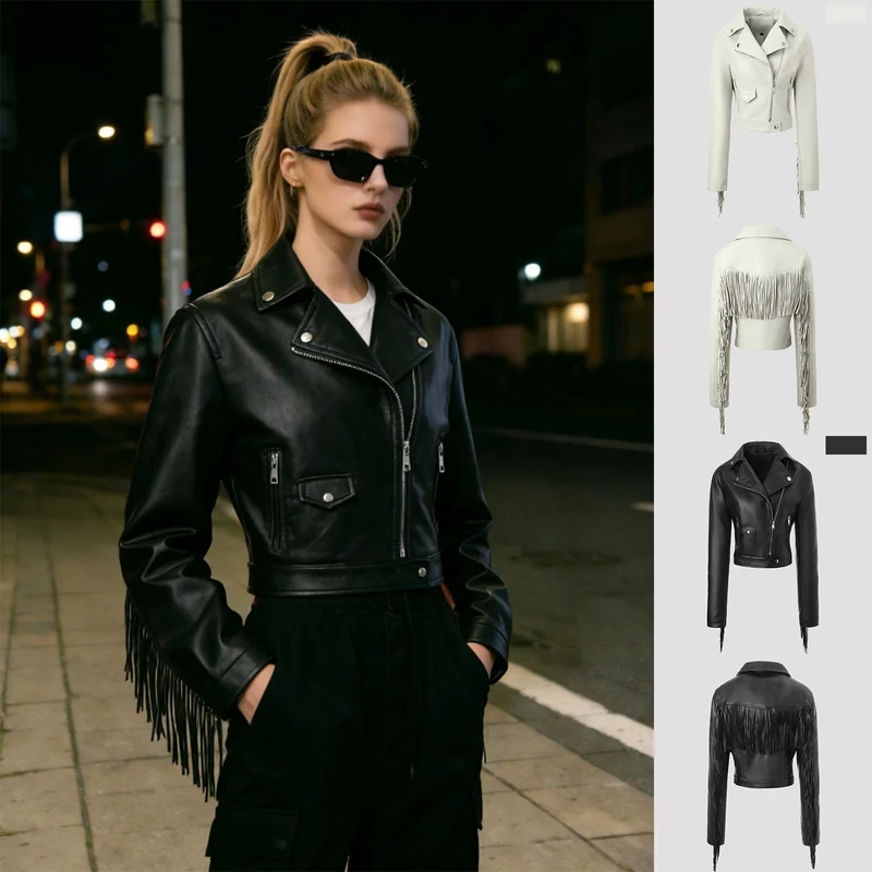 Damen Kurz geschnittene taillierte Bikerjacke aus Kunstleder mit Fransen an den Ärmeln und asymmetrischem Reißverschluss Nord Taschen
