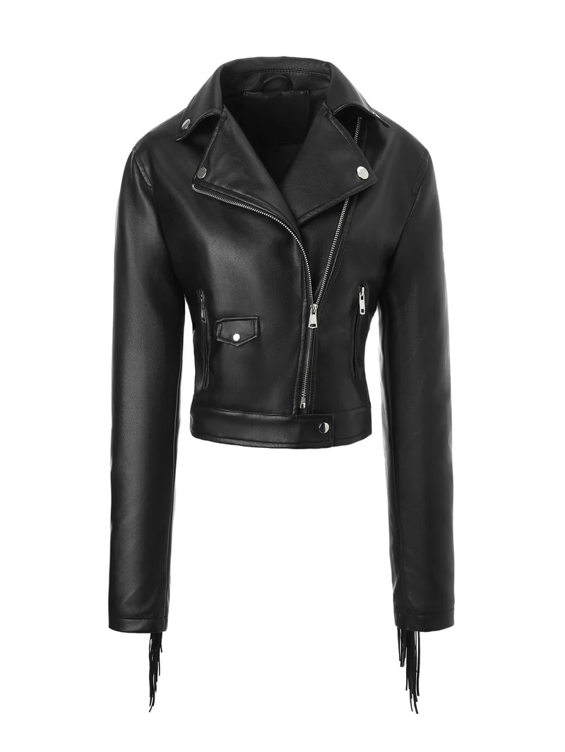 Damen Kurz geschnittene taillierte Bikerjacke aus Kunstleder mit Fransen an den Ärmeln und asymmetrischem Reißverschluss Nord Taschen