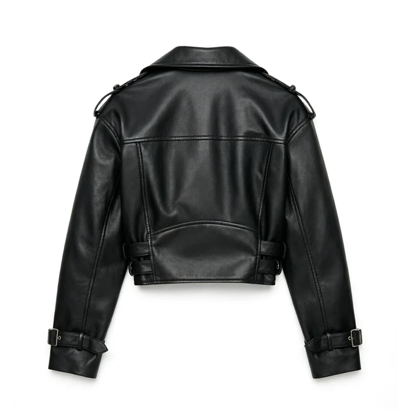Damen kurz geschnittene taillierte Bikerjacke aus Kunstleder mit Doppeltaillengürtel, Epauletten und Zipperdetails Nord Taschen