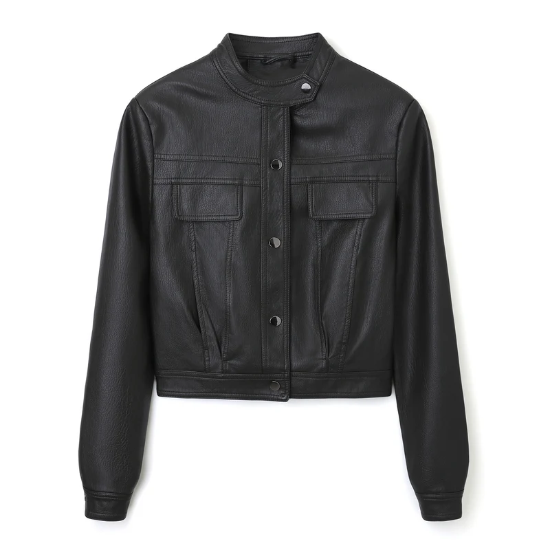 Damen Kurz geschnittene Lederjacke mit Stehkragen und Pattentaschen Nord Taschen