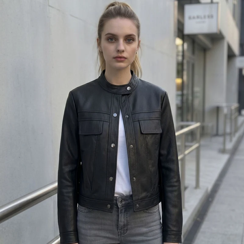 Damen Kurz geschnittene Lederjacke mit Stehkragen und Pattentaschen Nord Taschen