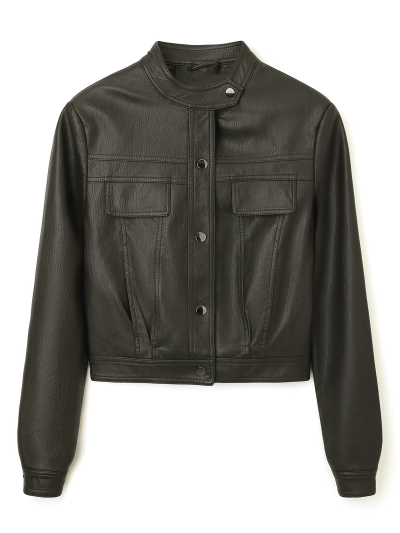Damen Kurz geschnittene Lederjacke mit Stehkragen und Pattentaschen Nord Taschen