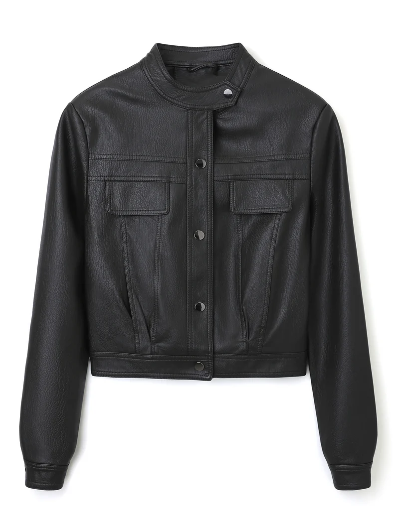 Damen Kurz geschnittene Lederjacke mit Stehkragen und Pattentaschen Nord Taschen