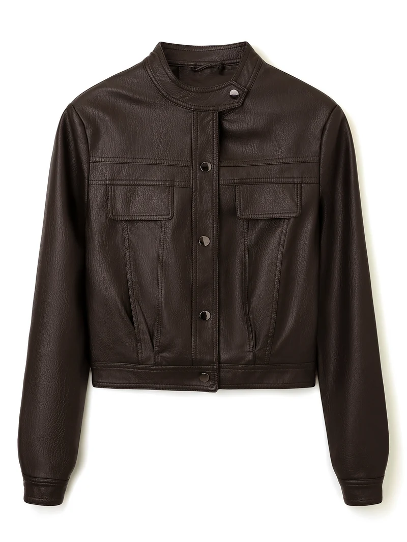 Damen Kurz geschnittene Lederjacke mit Stehkragen und Pattentaschen Nord Taschen