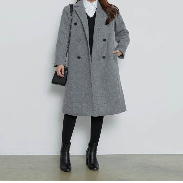 Damen Lang geschnittener Wollmix-Mantel im minimalistischen Doppelreiher mit tiefem Revers Nord Taschen