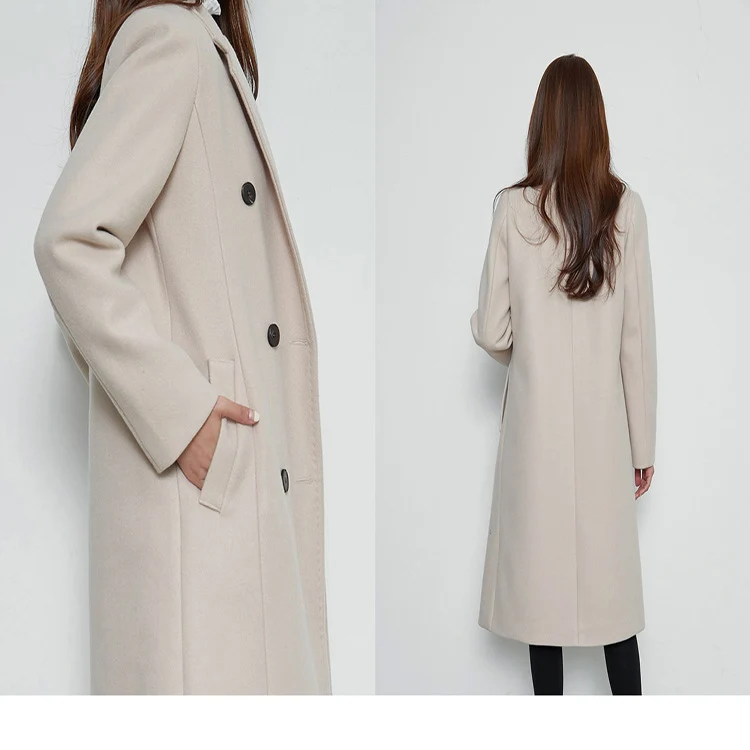 Damen Lang geschnittener Wollmix-Mantel im minimalistischen Doppelreiher mit tiefem Revers Nord Taschen
