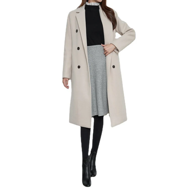 Damen Lang geschnittener Wollmix-Mantel im minimalistischen Doppelreiher mit tiefem Revers Nord Taschen