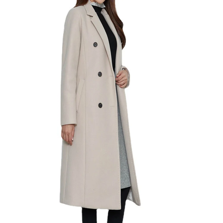Damen Lang geschnittener Wollmix-Mantel im minimalistischen Doppelreiher mit tiefem Revers Nord Taschen