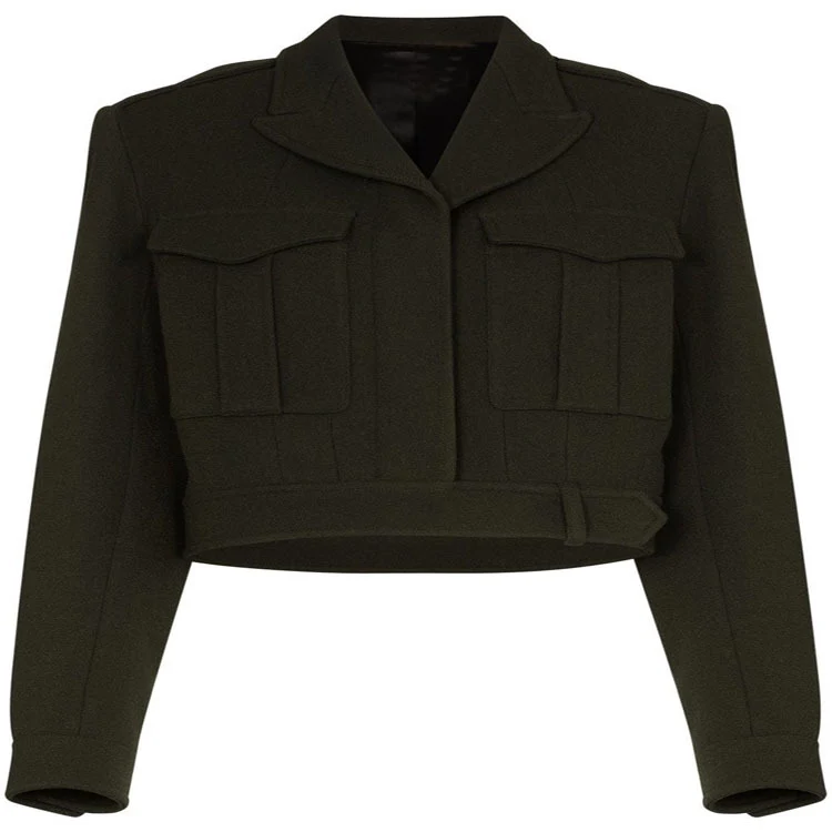 Damen Kurzjacke im Military-Tailoring aus Wollmix mit Pattentaschen und Taillengürtel Nord Taschen