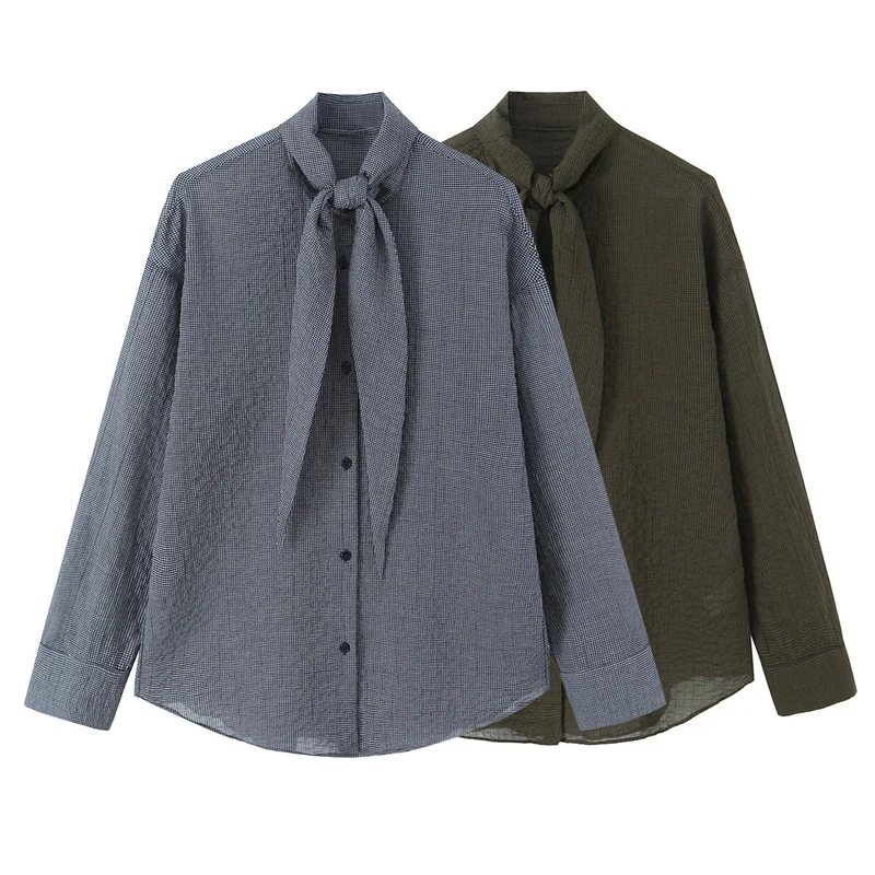 Damen Oversize-Bluse mit Schleifenkragen und feinem Vichy-Karo Nord Taschen