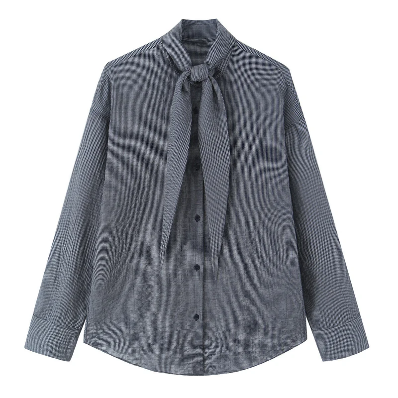 Damen Oversize-Bluse mit Schleifenkragen und feinem Vichy-Karo Nord Taschen