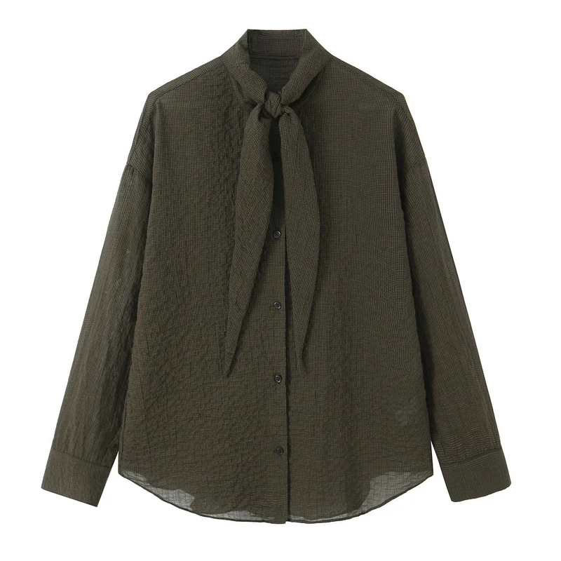 Damen Oversize-Bluse mit Schleifenkragen und feinem Vichy-Karo Nord Taschen