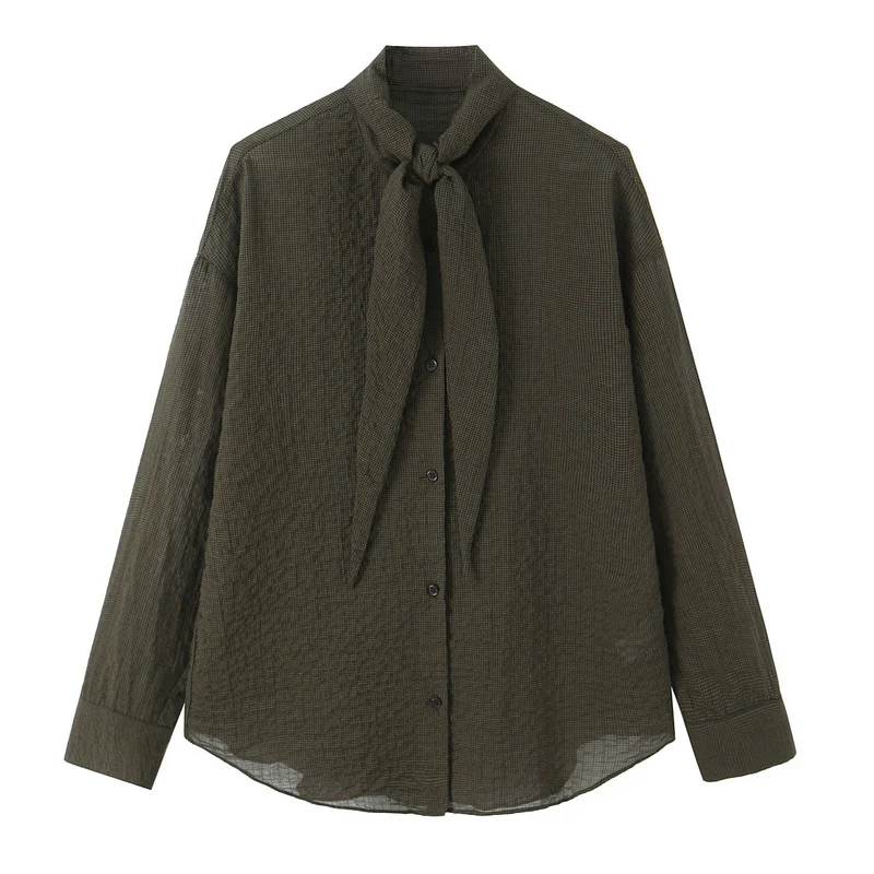Damen Oversize-Bluse mit Schleifenkragen und feinem Vichy-Karo Nord Taschen