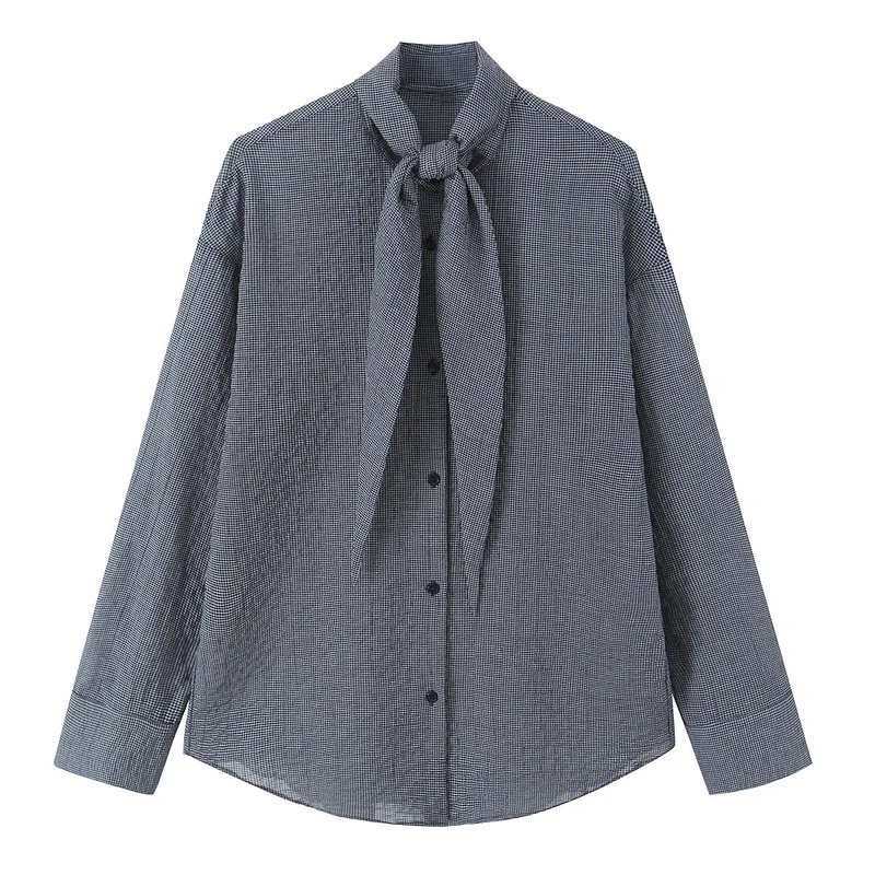 Damen Oversize-Bluse mit Schleifenkragen und feinem Vichy-Karo Nord Taschen