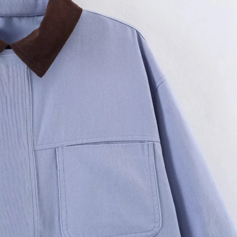 Damen Overshirt-Jacke mit Kontrastkragen und vier aufgesetzten Taschen Nord Taschen
