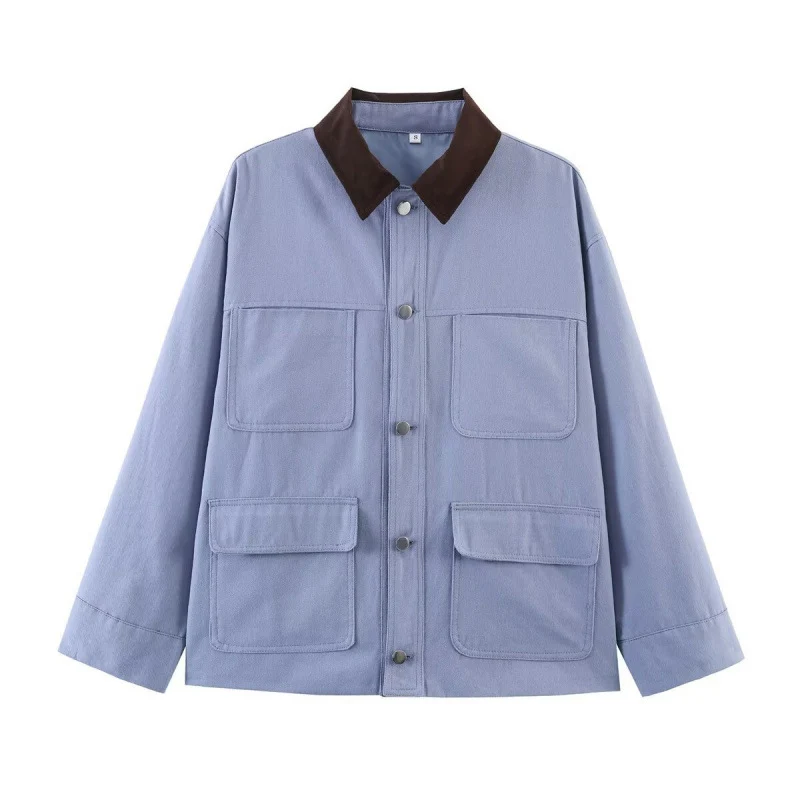 Damen Overshirt-Jacke mit Kontrastkragen und vier aufgesetzten Taschen Nord Taschen