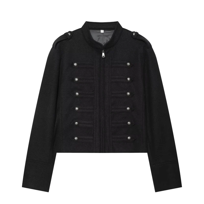 Damen Militärisch inspirierte Cropped Wollmix-Jacke mit Zierknopfreihe und Stehkragen Nord Taschen