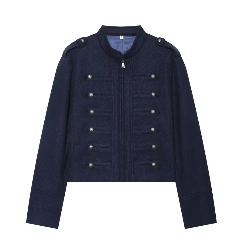 Damen Militärisch inspirierte Cropped Wollmix-Jacke mit Zierknopfreihe und Stehkragen Nord Taschen