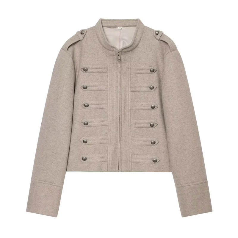Damen Militärisch inspirierte Cropped Wollmix-Jacke mit Zierknopfreihe und Stehkragen Nord Taschen