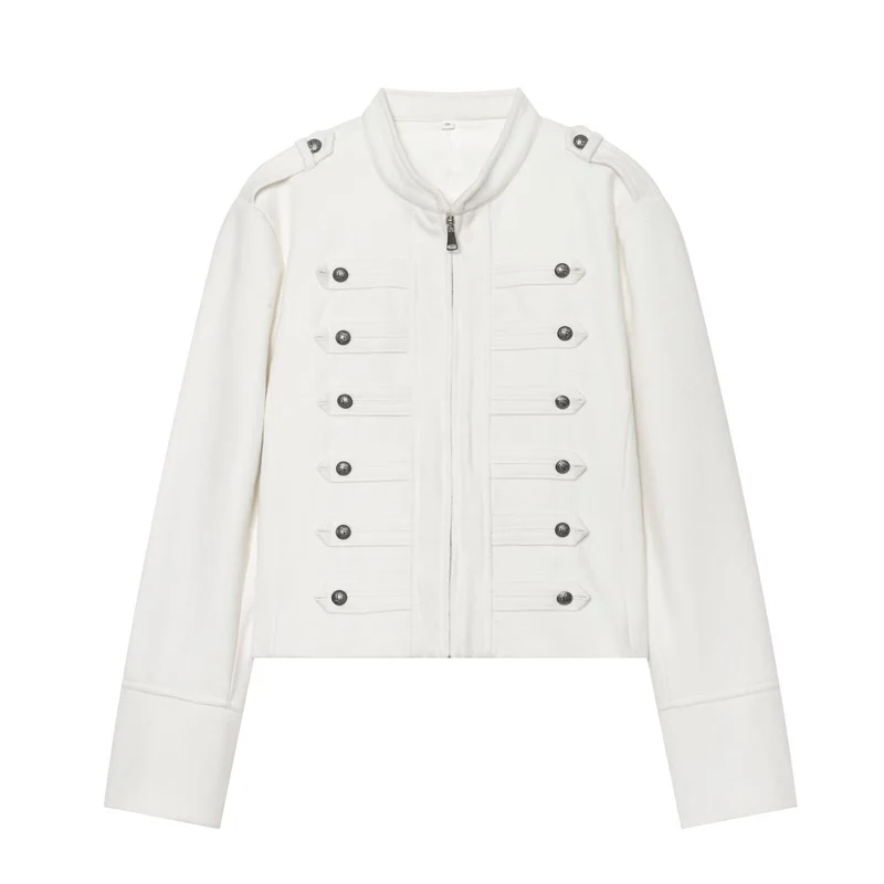 Damen Militärisch inspirierte Cropped Wollmix-Jacke mit Zierknopfreihe und Stehkragen Nord Taschen