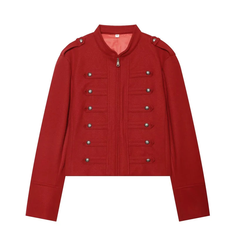 Damen Militärisch inspirierte Cropped Wollmix-Jacke mit Zierknopfreihe und Stehkragen Nord Taschen
