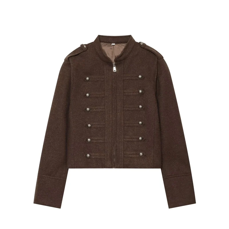 Damen Militärisch inspirierte Cropped Wollmix-Jacke mit Zierknopfreihe und Stehkragen Nord Taschen