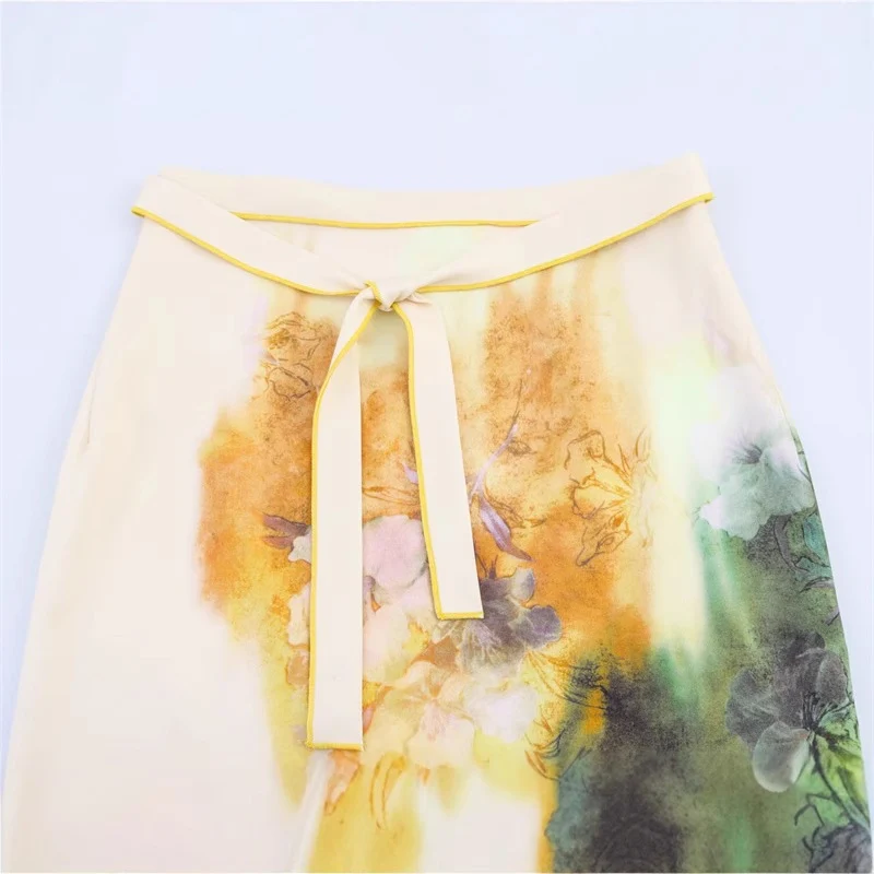Damen Midirock mit Aquarell‑Print, geradem Schnitt und Zierbindegürtel Nord Taschen