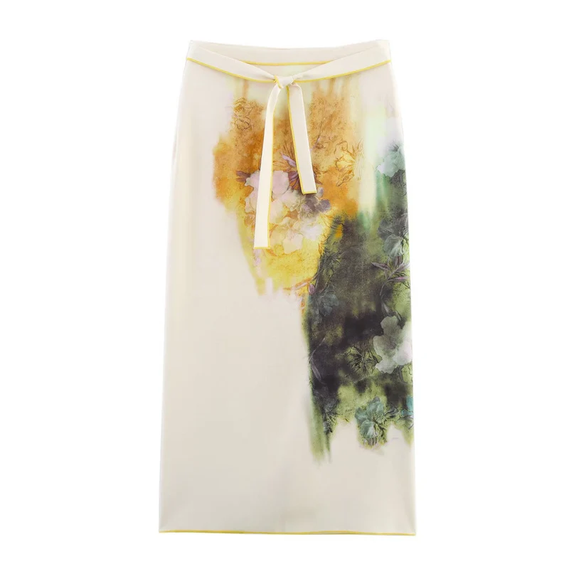 Damen Midirock mit Aquarell‑Print, geradem Schnitt und Zierbindegürtel Nord Taschen