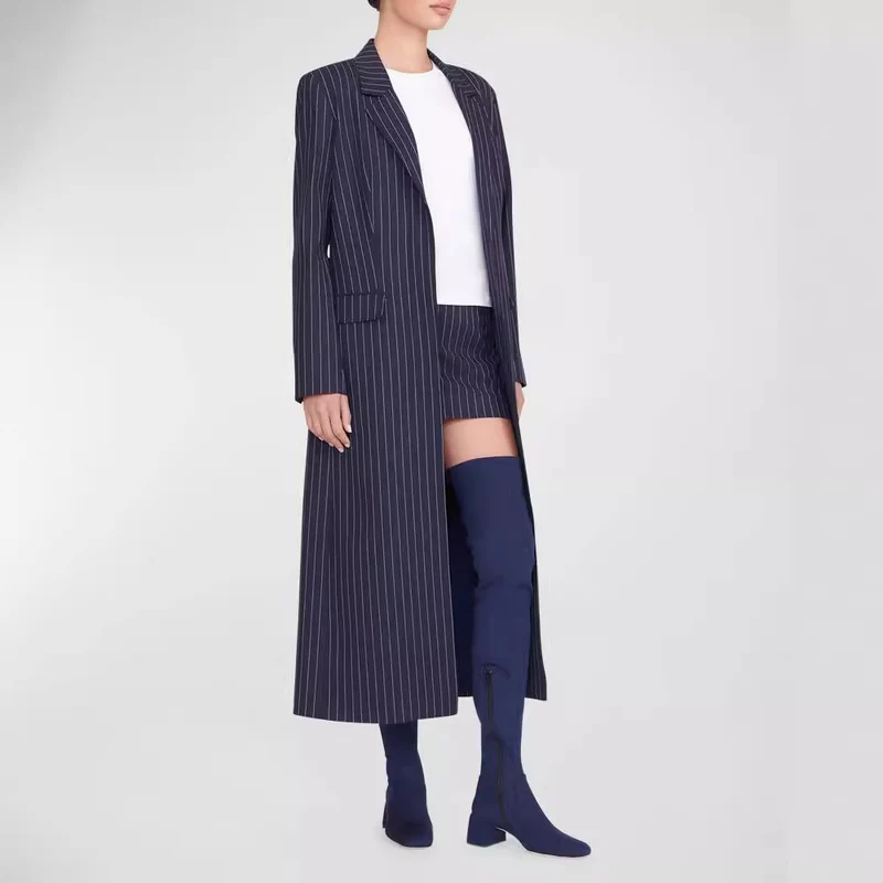 Damen Oversize Longline-Mantel im Nadelstreifen-Look mit Schlitz und Pattentaschen Nord Taschen