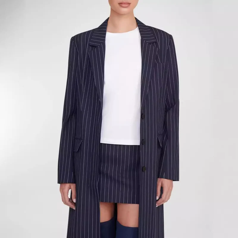 Damen Oversize Longline-Mantel im Nadelstreifen-Look mit Schlitz und Pattentaschen Nord Taschen